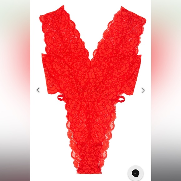 We are HAH! Cut 2 the Chase double deep V recycled red lace bodysuit, sz med EUC - Picture 4 of 13